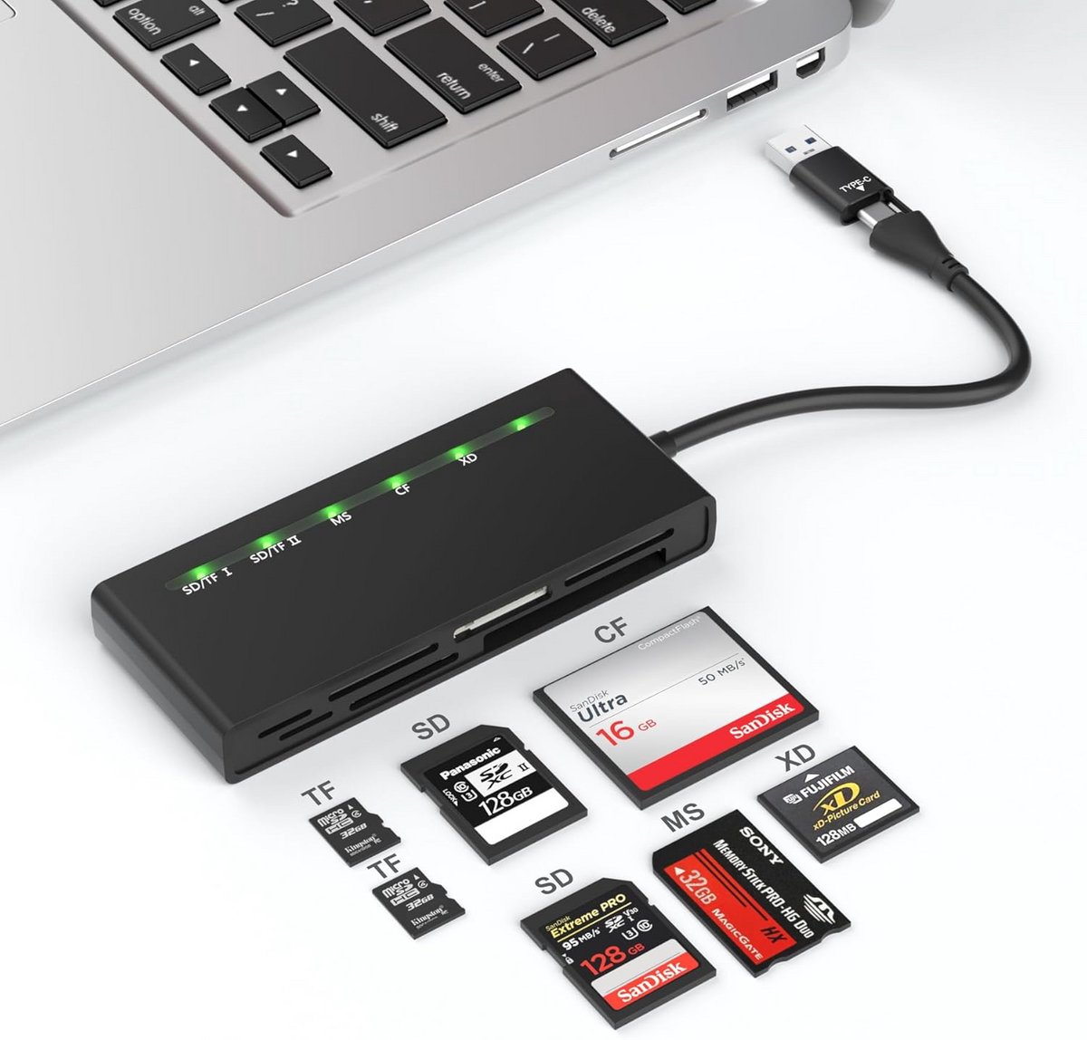 7-in-1 USB Multi Geheugenkaartlezer met Hoge Snelheid en Type-C Aansluiting