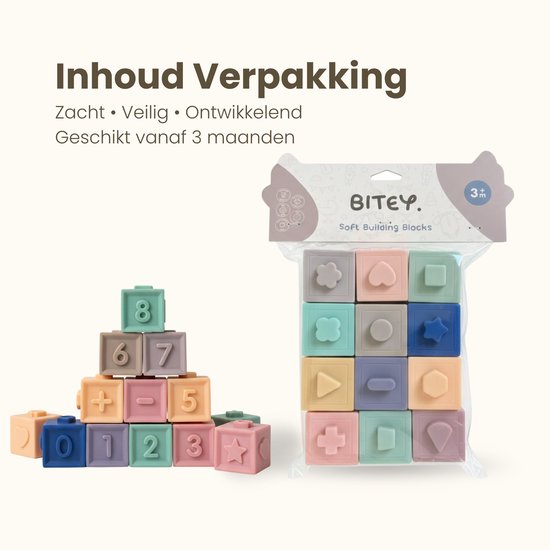 Bitey Baby Speelgoed - 12 Zachte Siliconen Stapelblokken voor Baby’s - BPA-vrij - Zacht & Veilig - BPA vrij - 3-24 maanden van Bitey — afbeelding 2