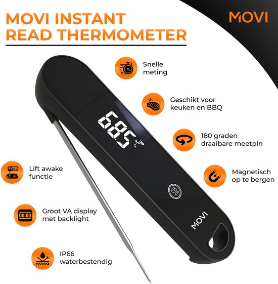 Zwarte Movi thermometer met icoontjes voor snelle meting, keuken/BBQ, 180° draaibaar, magnetisch, lift-awake functie, groot display en IP66 waterbestendig.