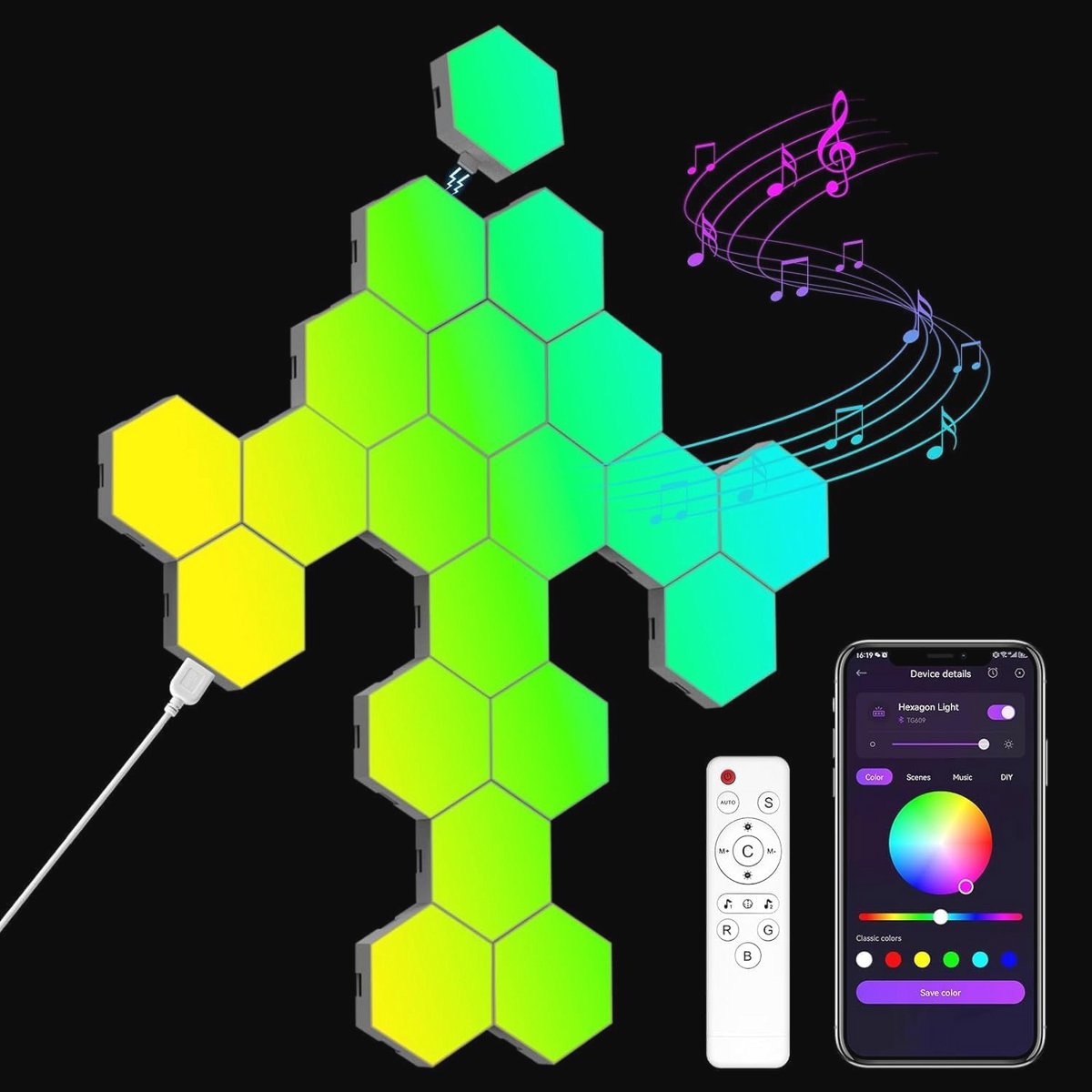 Set van 20 RGB led-panelen voor gaming, intelligente wandlamp met muzieksynchronisatie