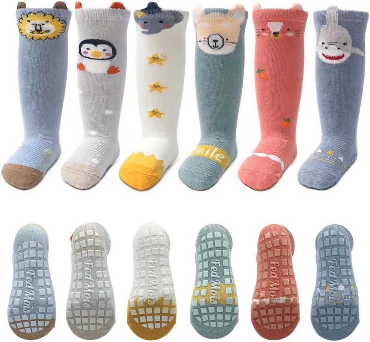 Kniehoog Baby Sokken - 6 Paar met Anti Slip Grip en Katoen