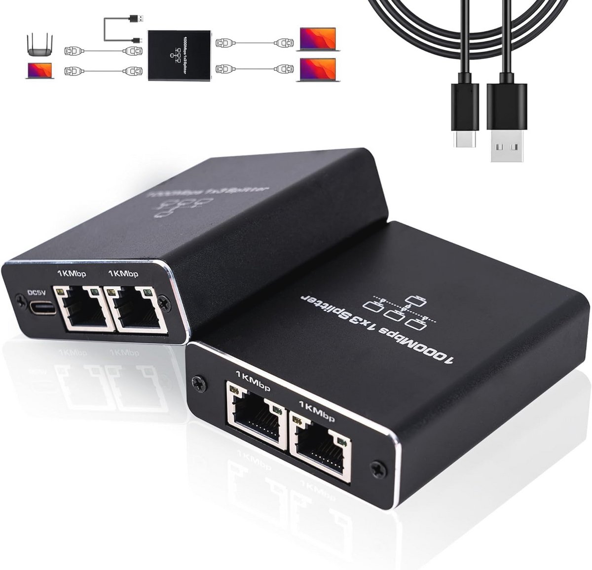 3 Poorten 1000 Mbps LAN Ethernet Splitter met USB 3.0 Type-C - Ideaal voor Computer, HUB, Switch en TV