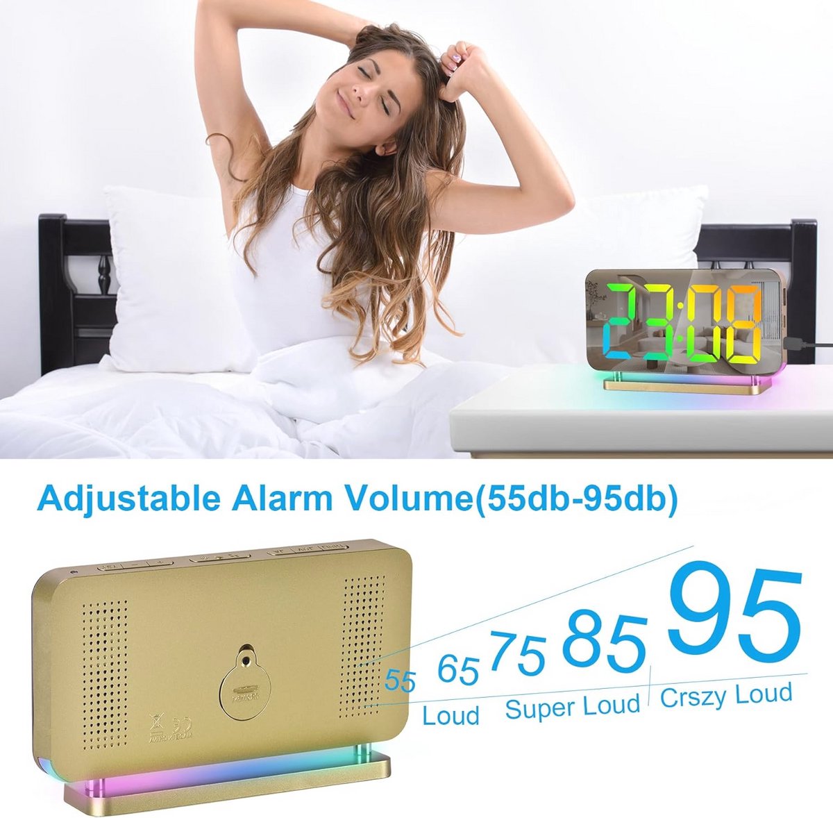 Digitaal Wekkerhorloge - Digitaal LED Elektronisch Bureauwekker - 11 Kleuren Tijdsweergave en RGB 10-Modus Nachtlamp - USB-C Oplaadbare Bedside Klok met Projectie - Geschikt voor Slaapkamer en Kantoor - Gouden Kleur — cadeau in Wonen & Interieur - foto 2