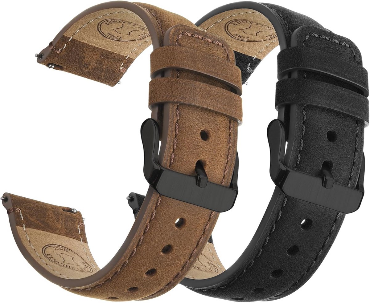 Leren Horlogeband 18mm 20mm 22mm met Snelle Bevrijding voor Mannen en Vrouwen - 2-Pack Zacht Vervangingsriem met RVS Sluiting
