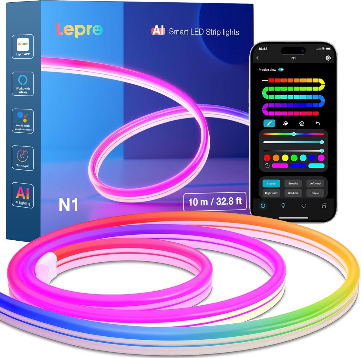 Neon LED Strip van 10 m, Flexibele RGB Lichtstrip met App en Muzieksynchronisatie voor Woonkamer, Gaming en Feestverlichting