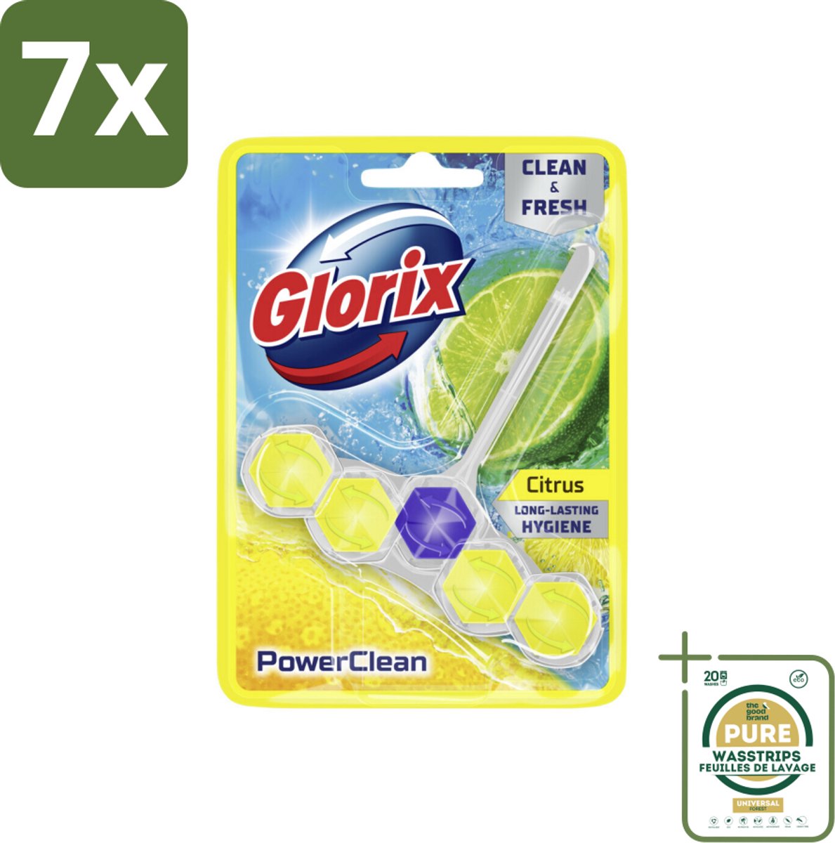 7 x Glorix - Toiletblok - Power Clean Citroen - Fris & Citroen - 1 blok - Grootverpakking - Toiletblok Citroen - Reinigend Schuim - Anti-kalk - Hygiëne Toilet - Citroengeur