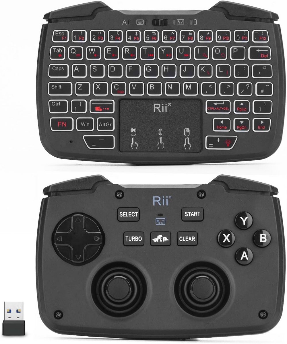 Rii RK707 Mini toetsenbord en muis combo met trackpad, mediatoetsenbord muis met gamecontroller, 62-toetsen oplaadbare turbotrilling met achtergrondverlichting, voor pc/framboos pi2/Android TV