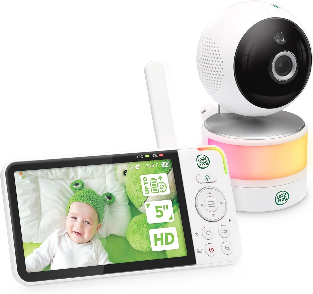 Video babyfoon met 5 inch 720p HD display, 360° Pan & Tilt, 8x zoomcamera, kleuren-nachtzicht, nachtlicht, tweewegintercom en slimme sensoren