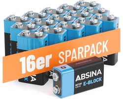 ABSINA Blokbatterij, alkaline, 9 V batterij, duurzaam en lekvrij voor rookmelders en nog veel meer, 9 volt blokbatterij, 9V-blok, blokbatterijen, 9 V, 9 V, blokbatterij, 9 V, blokbatterij, 9 V,