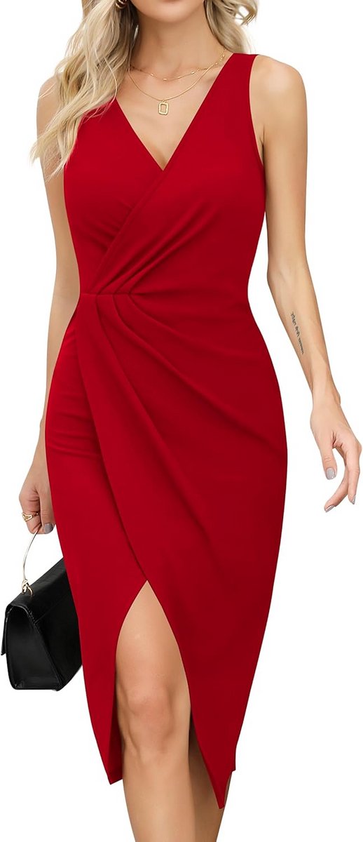 Elegante V-Hals Wikkeljurk Mouwloos met Split - Midi Jurk voor Bruiloft of Feest