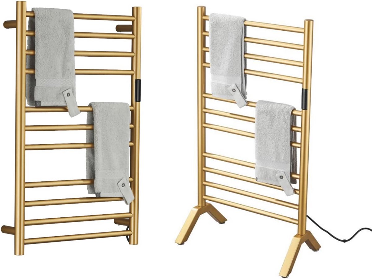 Handdoekradiator Elektrisch Goud met Timer – Wandgemonteerd en Vrijstaand Handdoekverwarmer