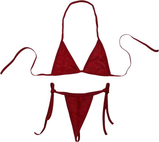 Bordeauxrode micro string bikini set met haltertop en verstelbare bandjes.