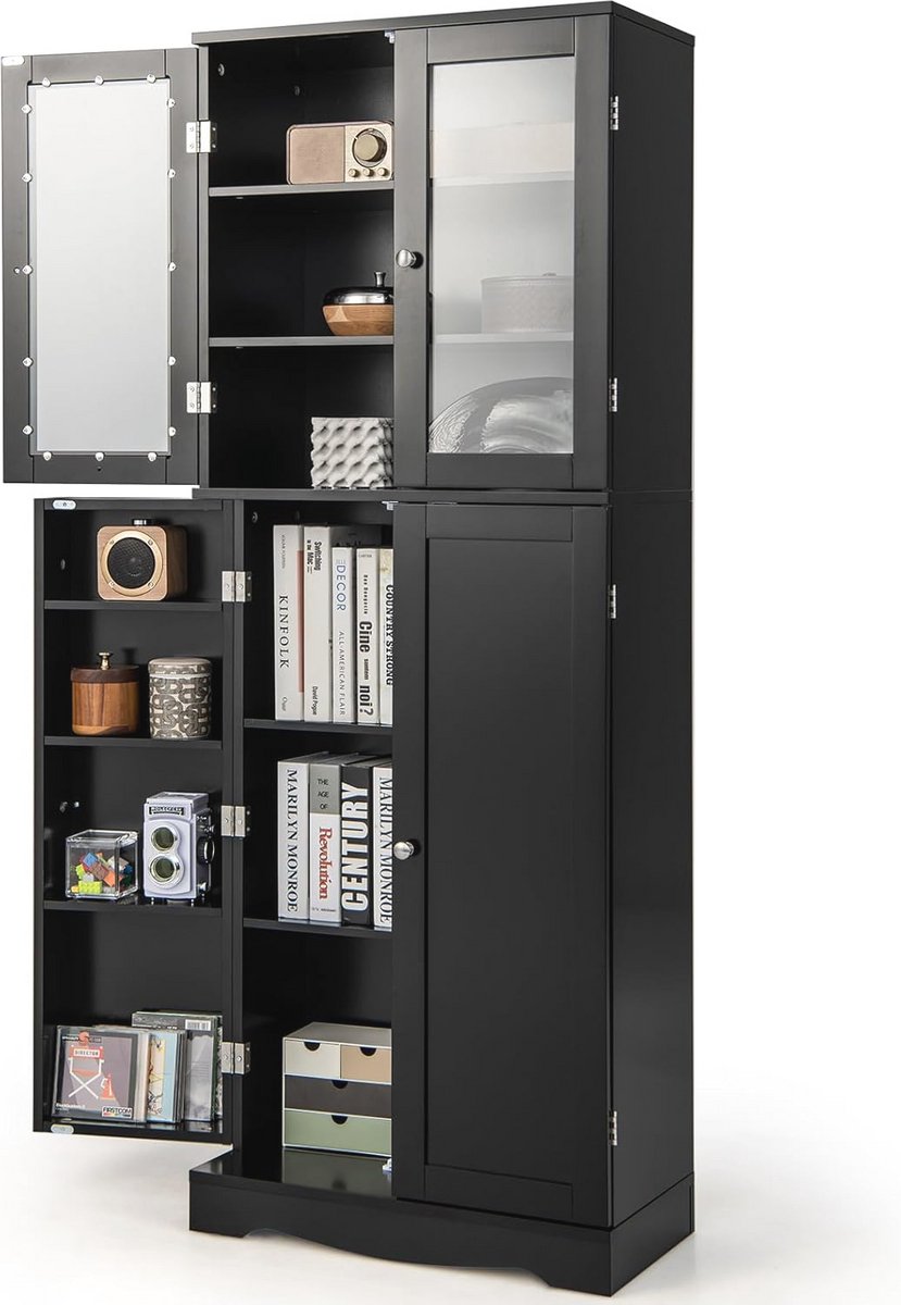 Vrijstaande keukenkast met glazen deuren – opbergdressoir voor woonkamer en eetkamer 60 x 31,5 x 161,5 cm