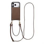 Bruin lederen telefoonhoesje met koord en gouden gespen.