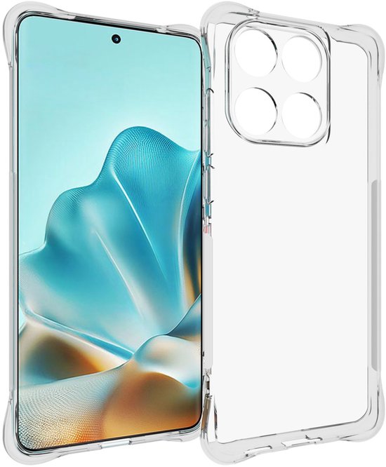Doorzichtig telefoonhoesje met schokabsorberende hoeken, naast een smartphone met een levendig scherm.