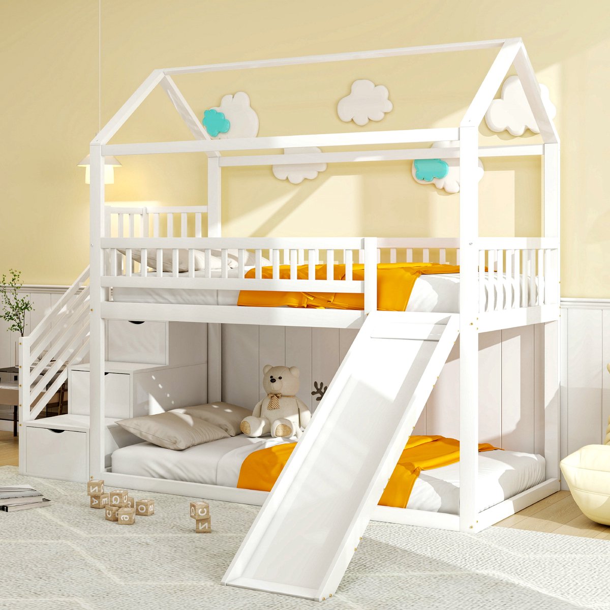 VVBV Hoogslaper 90x200 cm - Kinderbed stapelbed met glijbaan en opbergladder - hoge schutting - massief hout - lattenbodem - wit - zonder matras