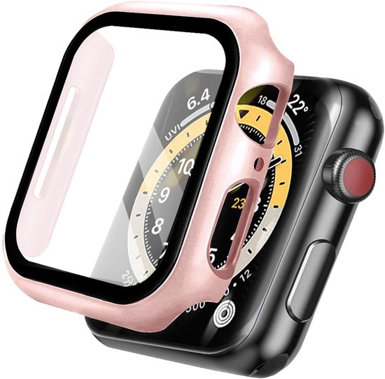 Rosé gouden Apple Watch 7/8/9 41mm screenprotector case met glazen voorkant.