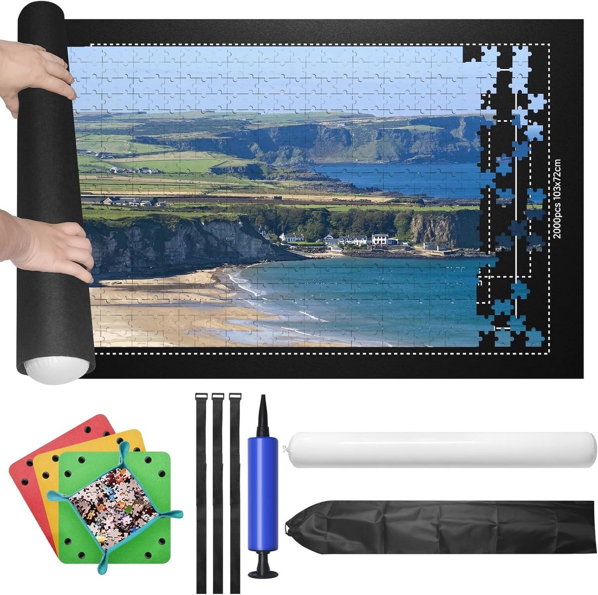JGCJGG Puzzelmat, puzzelmat met 2000 stukjes, met 4 puzzelsorteerschalen voor praktische accessoires voor het opbergen van puzzels