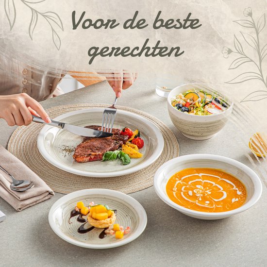 Service de table de Luxe - 16 pièces - 4 personnes - Porcelaine - Service d'assiettes - Assiettes à dîner - Assiettes à dessert - Bols - Bol à pâtes - Beige