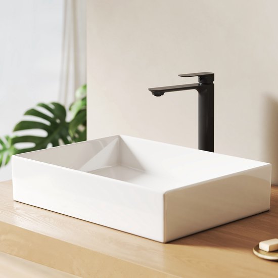 Lavabo EMKE - Design épuré et moderne - Lavabo à poser - Sans trou de robinetterie - Céramique - Wit brillant - 51 x 37 x 11 cm