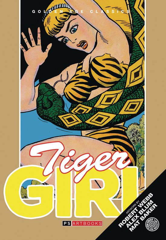 Klassieke comic cover met een vrouw in tijgerprint outfit, gouden ruit-patroon en groene schubben. "Tiger Girl" in geel.