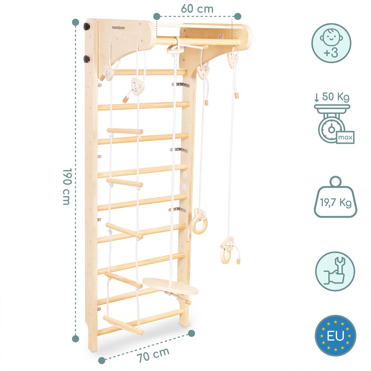 Mamabrum Montessori Houten Klimrek voor Kinderen 3+ Wandgemonteerd Gymrek met Schommel, Gymringen & Klimtouw – Indoor Motoriek Speelgoed — afbeelding 10
