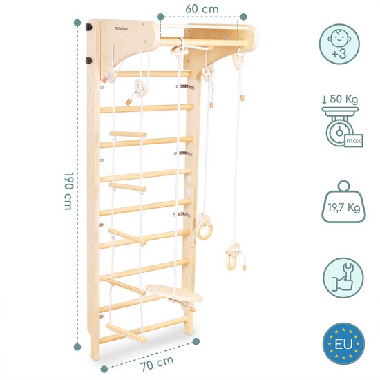 Mamabrum Montessori Houten Klimrek voor Kinderen 3+ Wandgemonteerd Gymrek met Schommel, Gymringen & Klimtouw - Indoor Motoriek Speelgoed van Merkloos — afbeelding 2