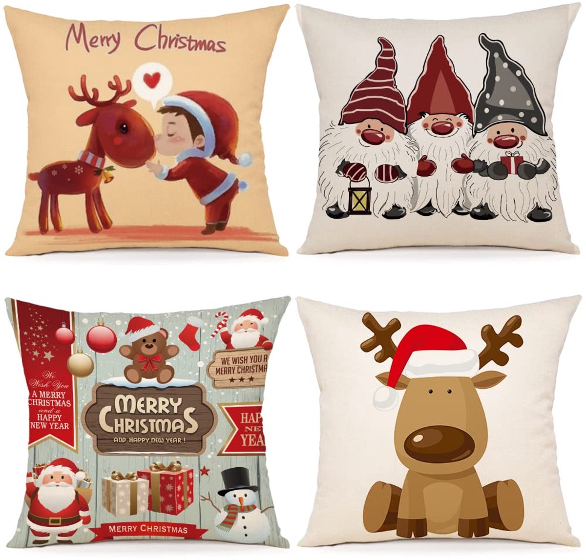 Unyqoos Set van 4 decoratieve kussenslopen voor kerst in linnen stof 45x45 cm Kerstmis