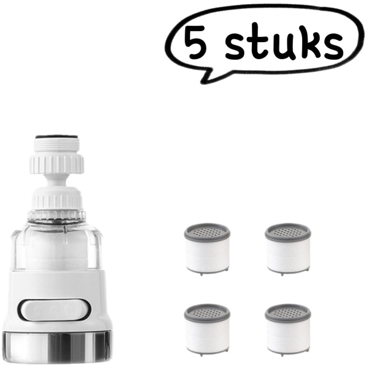 Set van 5 stuks - Kraanfilter - Douchekop Waterbesparende Filter Booster - Kraanwater Spatkop - Kraanfilter + Vervangende Filterpatronen (4 stuks) - Wit