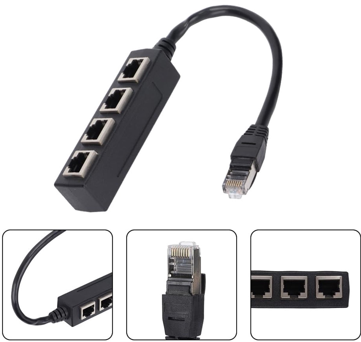 RJ45 Ethernet-adapter - 1 mannelijke naar 4 vrouwelijke Ethernet-interfaces - Ingebouwde geleidende circuitscheider op de printplaat - ethernet-aansluitsplitter Rj45 LAN -Geschikt voor alle netwerk en breedbandverbindingen - Zwart