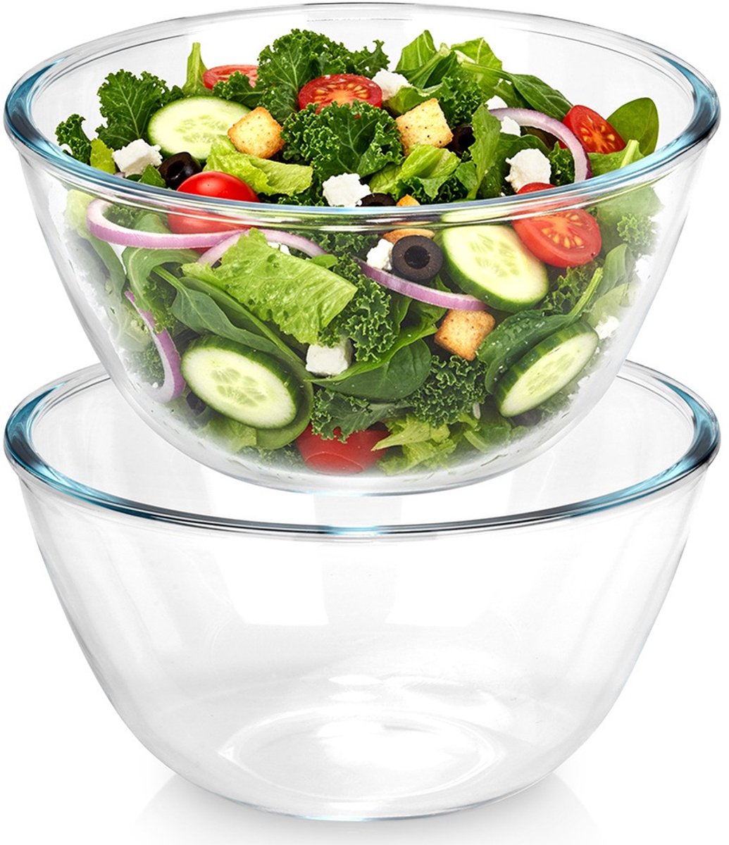 Saladekom Glas 17 cm, 1 l 2 stuks - Kom voor Salade - Schaal - Saladeschaal - Serveerschaal - Mengkommen