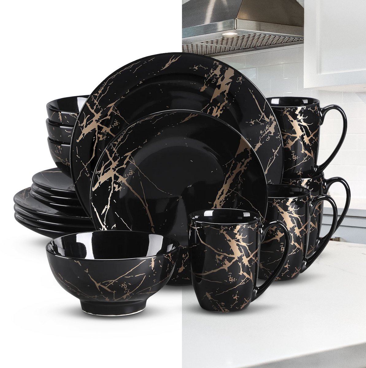 Luxe Serviesset – 16 delig – 4 persoons – Porselein - Bordenset – Dinner platen – Dessertborden - Kommen - Mokken - Schaaltjes - Zwart