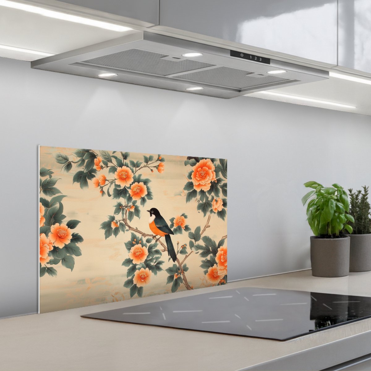 KitchenYeah Spatscherm 60x40 cm Zelfklevende achterwand Vogel Tak Bloemen Oranje Keuken muurbeschermer Spatwand fornuis