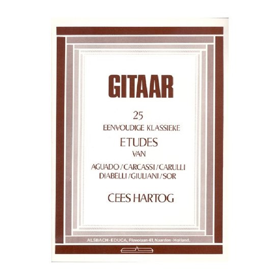 Boekomslag met 'GITAAR 25 EENVOUDIGE KLASSIEKE ETUDES VAN AGUADO/CARCASSI/CARULLI DIABELLI/GIULIANI/SOR CEES HARTOG' in bruine en witte letters.