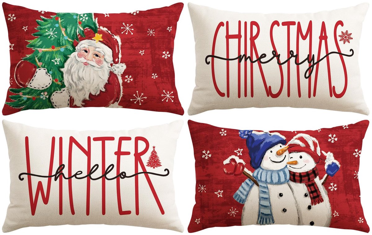 Unyqoos Kerstkussenslopen Set van 4 met Sneeuwpop en Kerstman Motief voor Feestelijke Sfeer rood