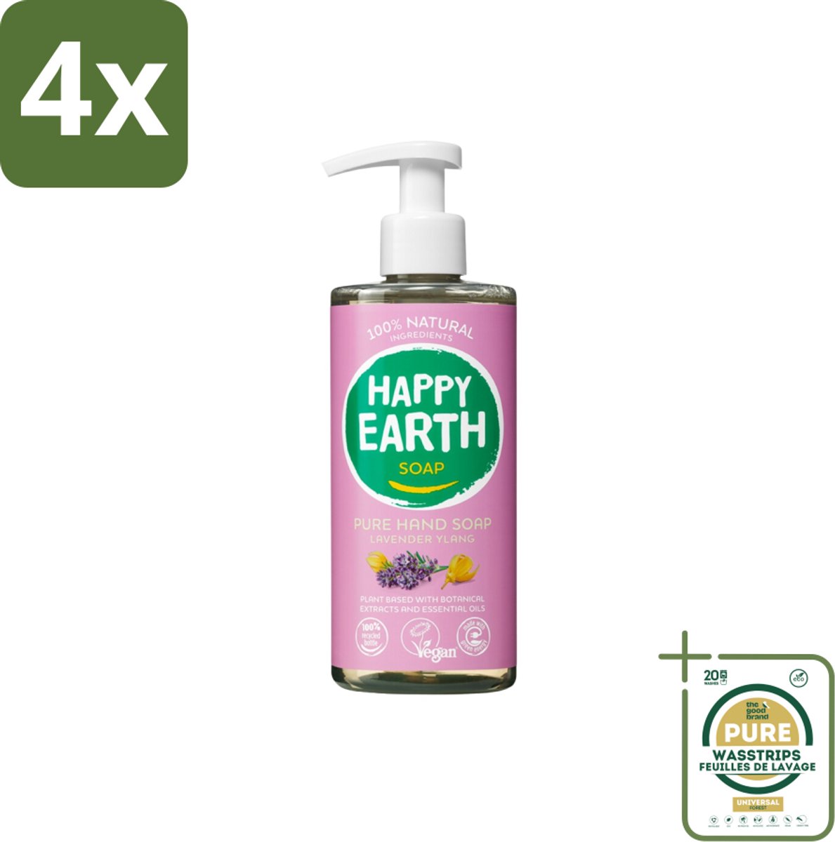 Happy Earth – Handzeep – 100% Natuurlijk Lavender Ylang – 300 ml - Voordeelverpakking - 4 stuks - Lavendel handzeep - Ylang handzeep