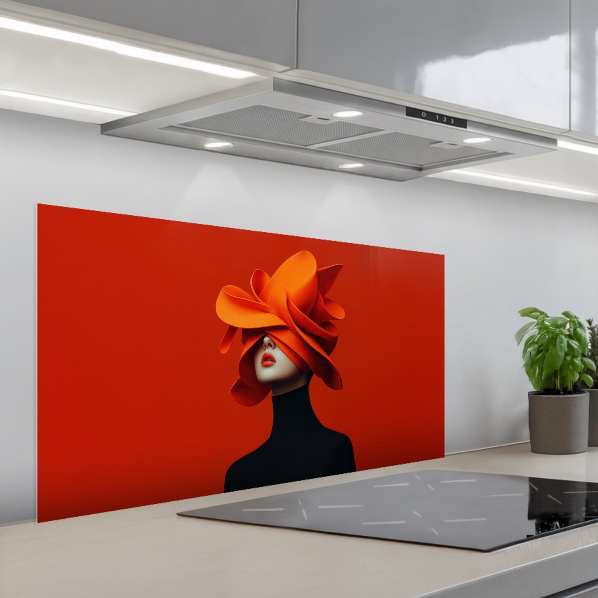 Spatscherm 100x50 cm - Zelfklevende achterwand Oranje - Hoed - Vrouw - Keuken muurbeschermer - Spatwand fornuis