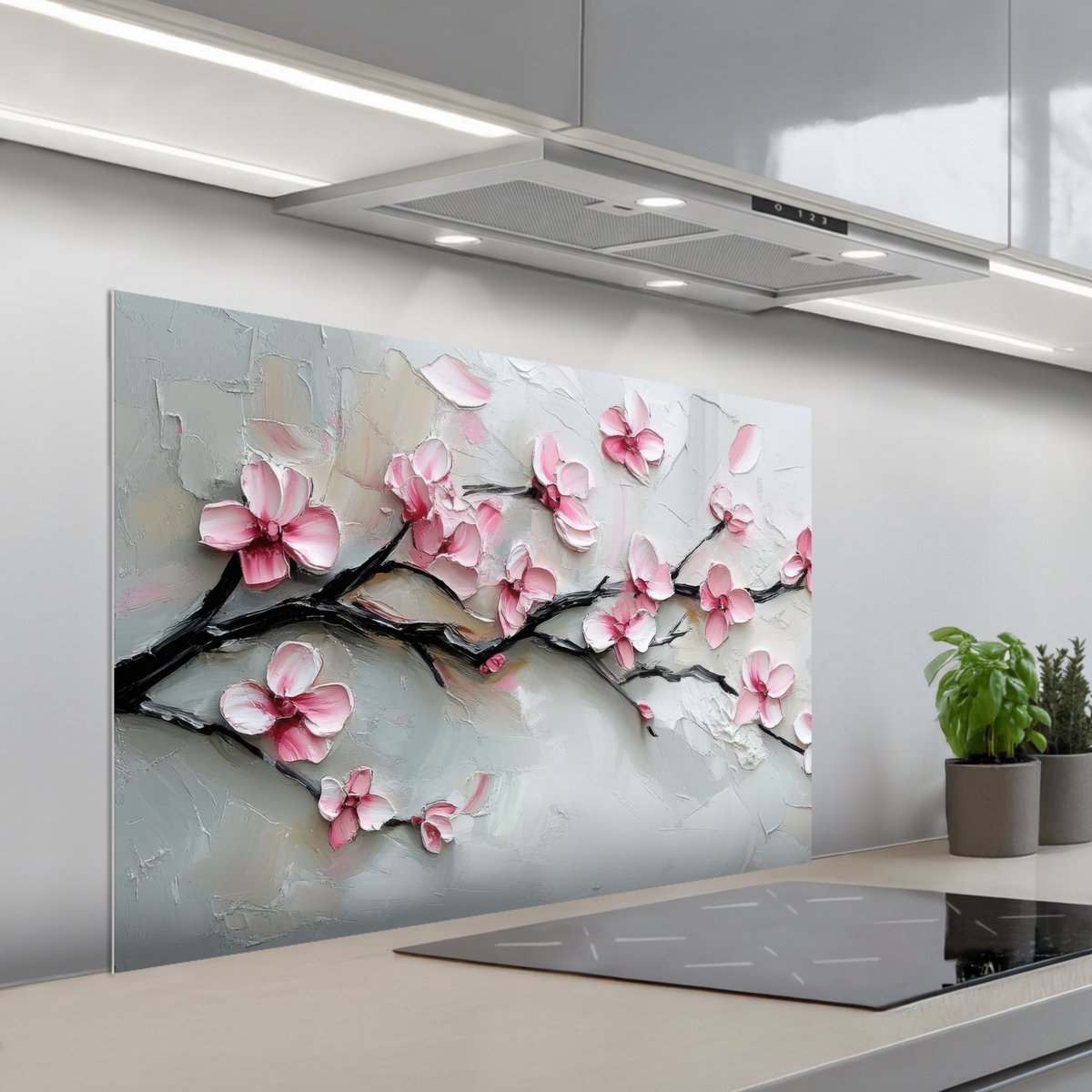 KitchenYeah Spatscherm 100x65 cm Zelfklevende achterwand Bloesem Kunstzinnig Roze Sakura Keuken muurbeschermer Spatwand fornuis