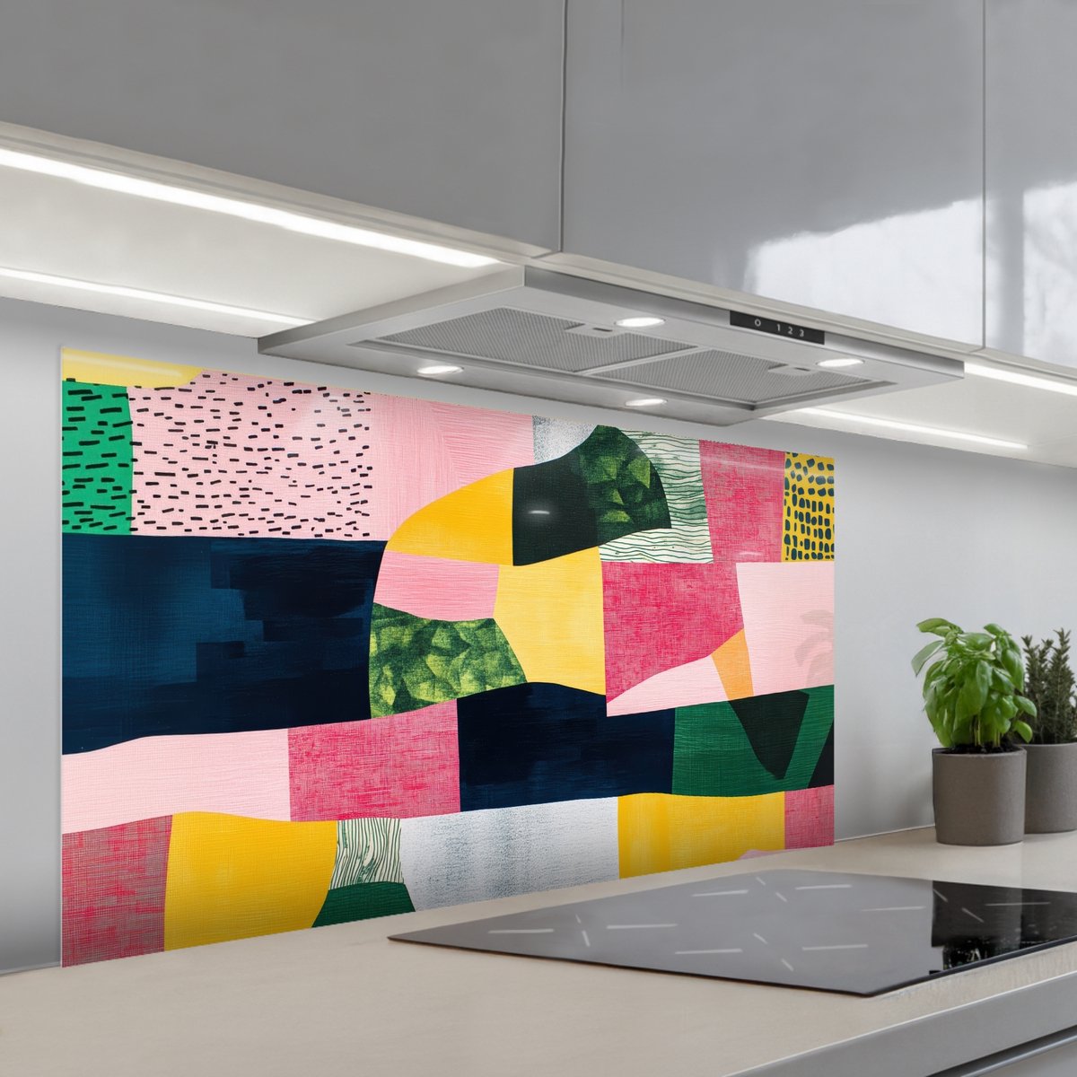 KitchenYeah Spatscherm 120x60 cm Zelfklevende achterwand Abstract Roze Lappen Vormen Geel Keuken muurbeschermer Spatwand fornuis