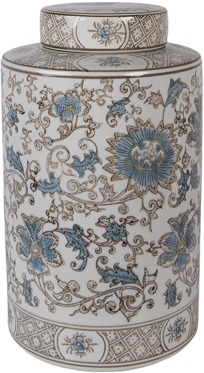 Vaas met Deksel Ø 18x30 cm Wit Blauw Keramiek