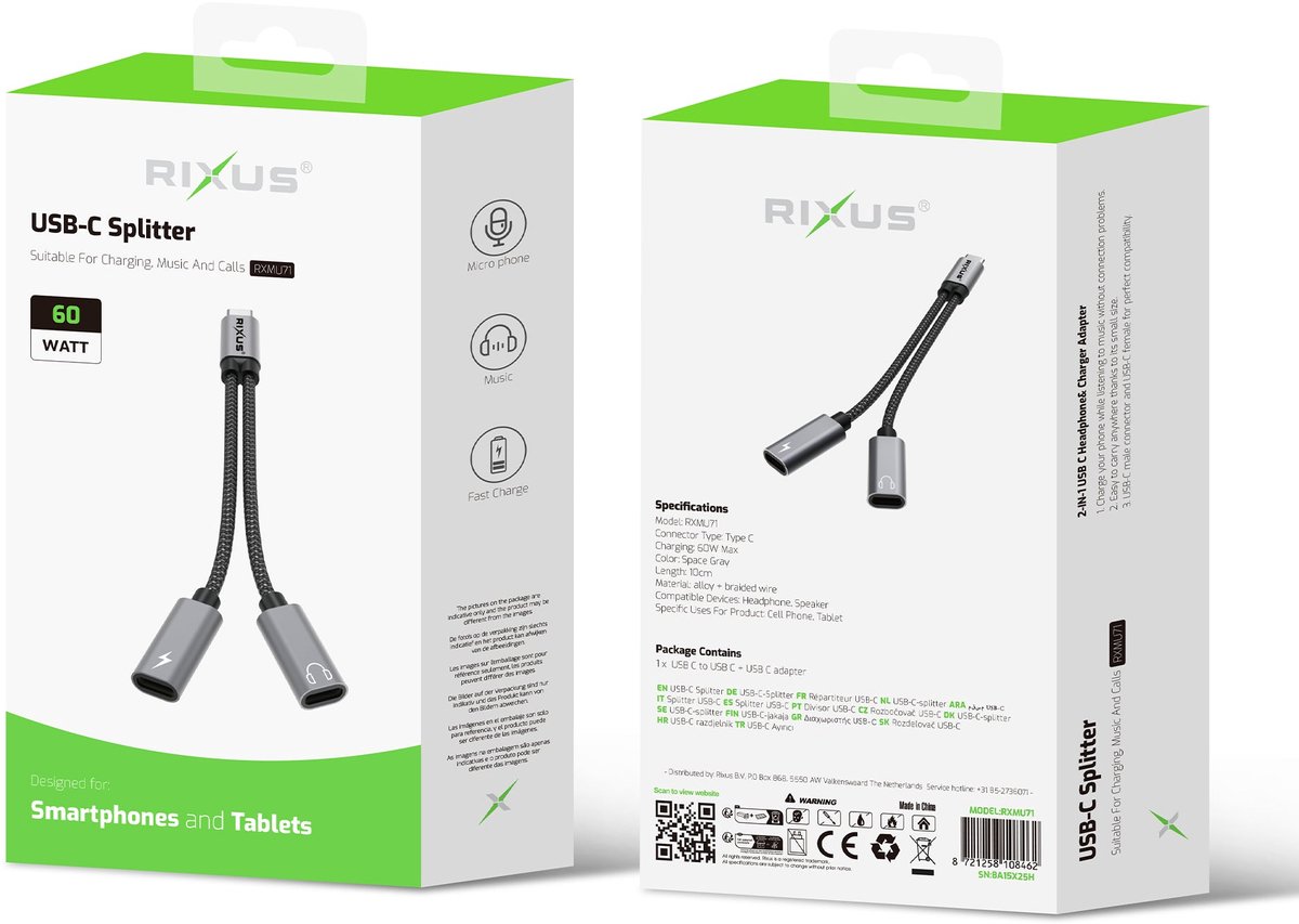 Rixus RXMU71 USB-C Splitter 15cm Space Gray