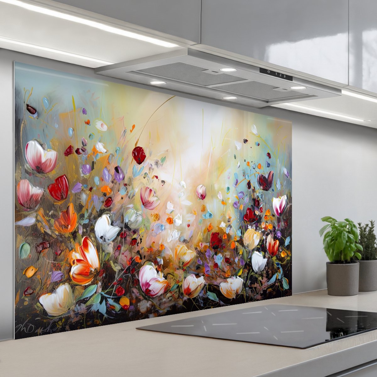 KitchenYeah Spatscherm 120x80 cm Zelfklevende achterwand Olieverf Bloemen Kleurrijk Natuur Keuken muurbeschermer Spatwand fornuis