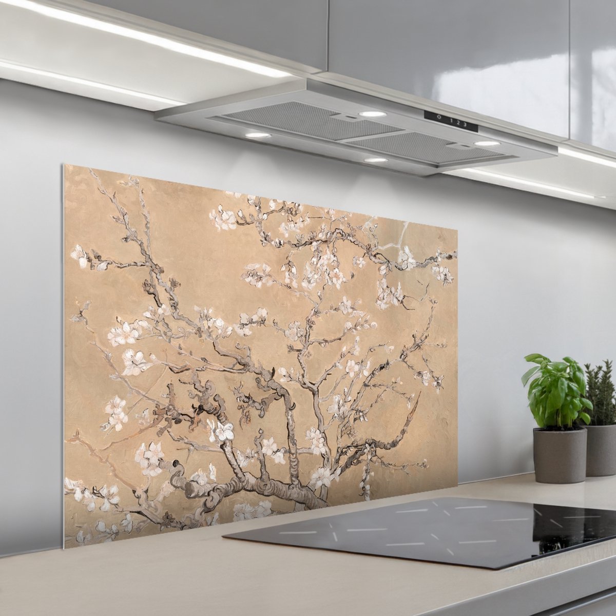 KitchenYeah Spatscherm 100x65 cm Zelfklevende achterwand Amandelbloesem Kunst Van Gogh Beige Keuken muurbeschermer Spatwand fornuis