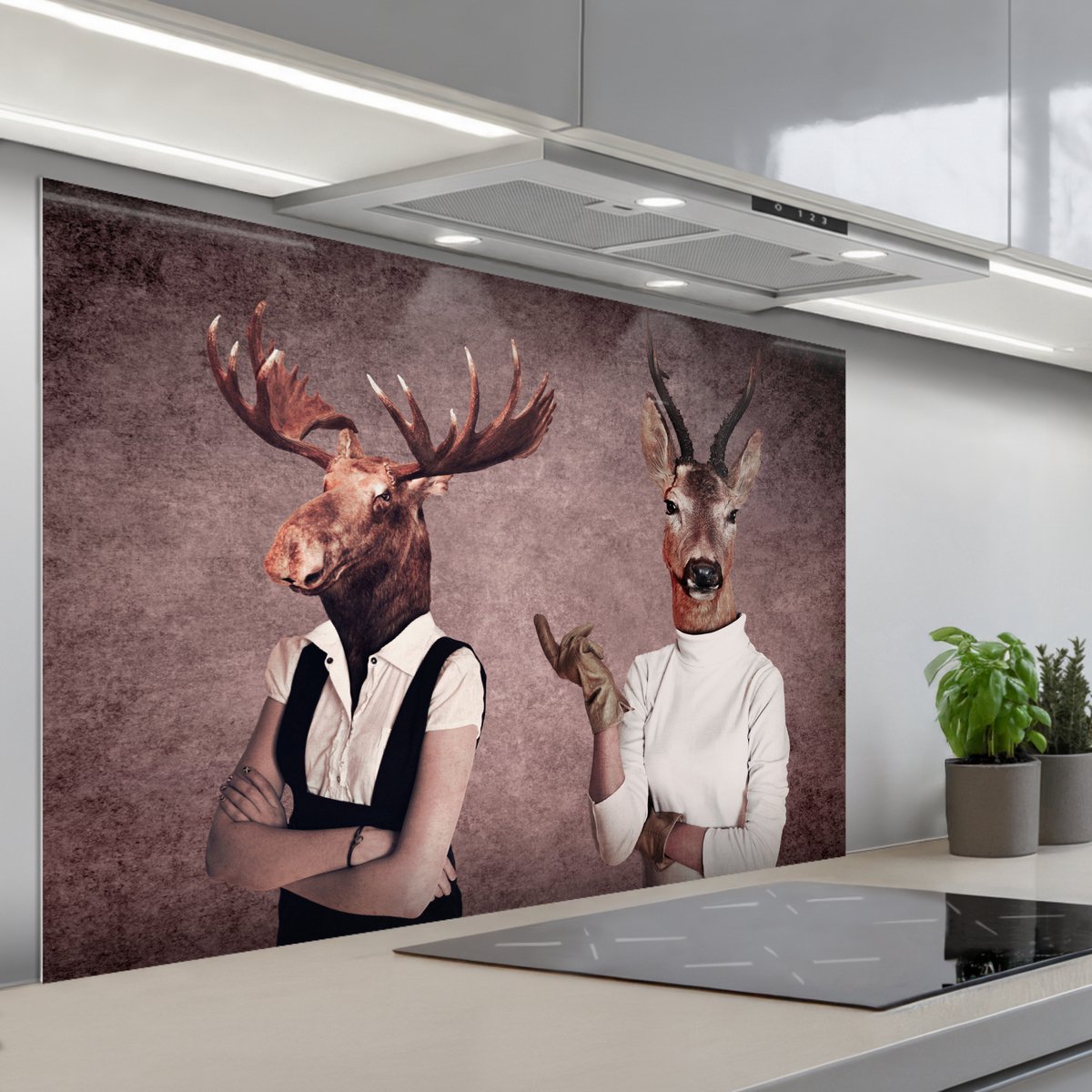 KitchenYeah Spatscherm 120x80 cm Zelfklevende achterwand Hert Gewei Portret Bruin Surrealisme Dier Keuken muurbeschermer Spatwand fornuis