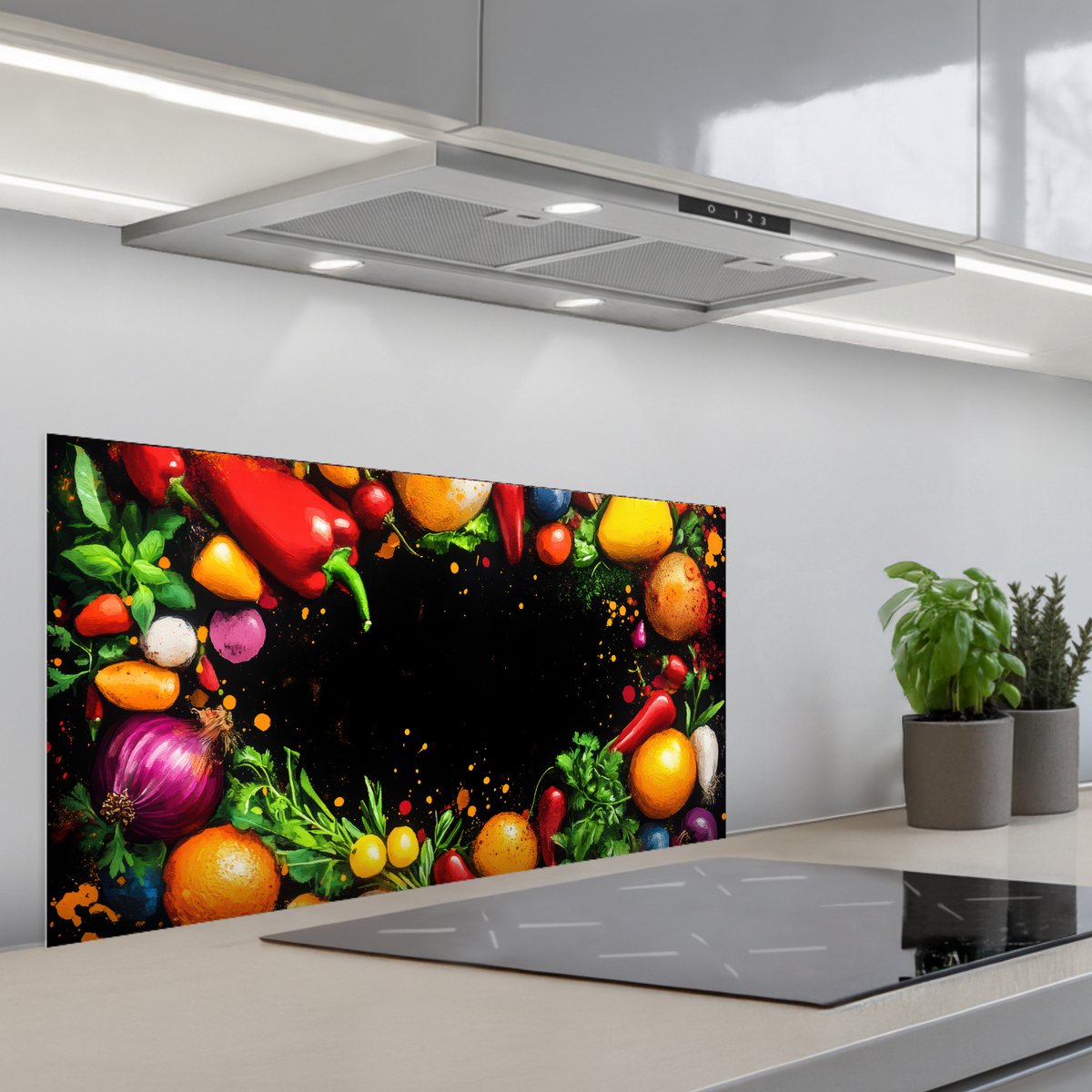 Spatscherm 80x40 cm - Zelfklevende achterwand Groente - Graffiti - Kleurrijk - Koken - Abstract - Keuken muurbeschermer - Spatwand fornuis