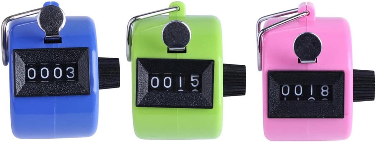 3Pcs Hand Counter Clicker Pedometer - Hand Counters - Plastic Mechanical Quantities Counter zonder Batterij - Sport Coach Accessoires (Green+Pink+Blue)