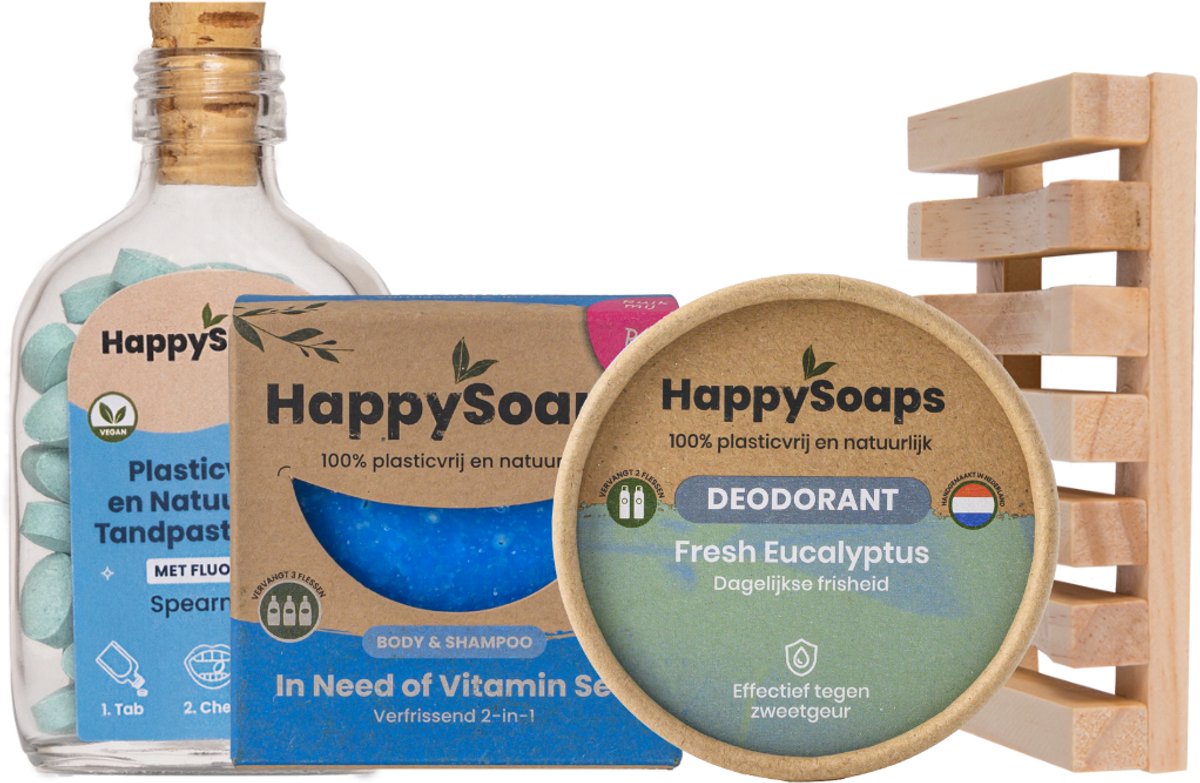 HappySoaps Duurzaam Starterspakket – Shampoo & Body Bar + Deodorant + Tandpasta Tabs