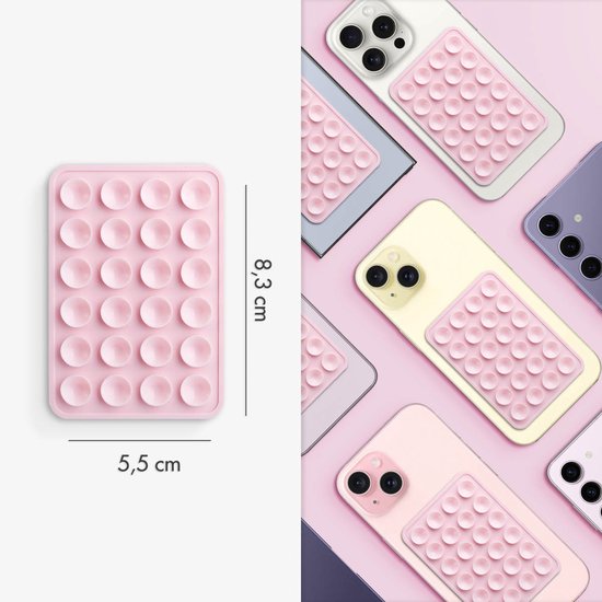 Een roze zuignaptelefoonsticker met afmetingen 5,5 cm bij 8,3 cm, naast een collage van telefoons met stickers.