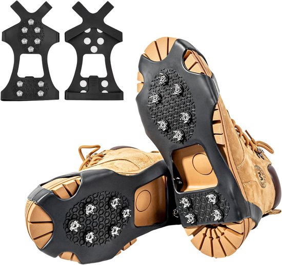 Antislip stijgijzers voor schoenen/laarzen, 10 sneeuwspikes, grip, stijgijzers, spikes, voor winterwandelen, vissen, lopen en bergbeklimmen,Zilver,XL (43-47)