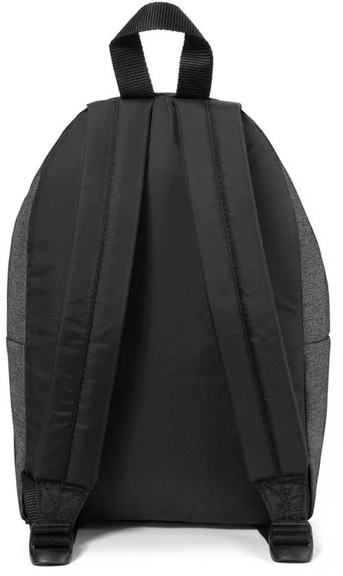 Achterkant van een donkergrijze Eastpak Orbit rugzak in denimlook met zwarte banden.